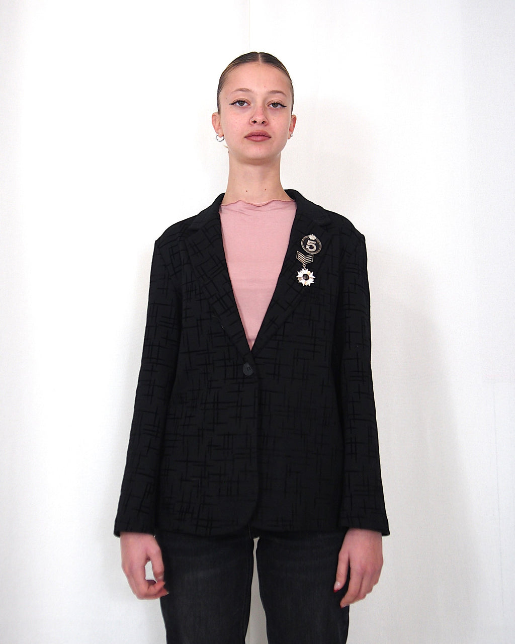 BLAZER ELEGANTE TESSUTO JACQUARD NERO.TAILLEUR COMPLETO "BLACK STRUCTURE"
