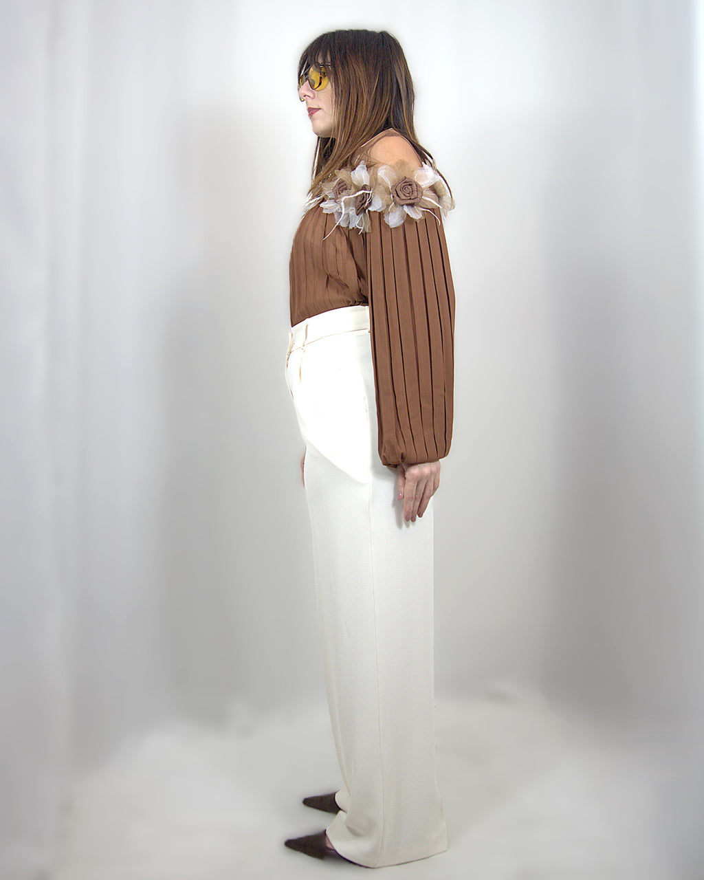 Pantaloni in tessuto fluido bianco panna
