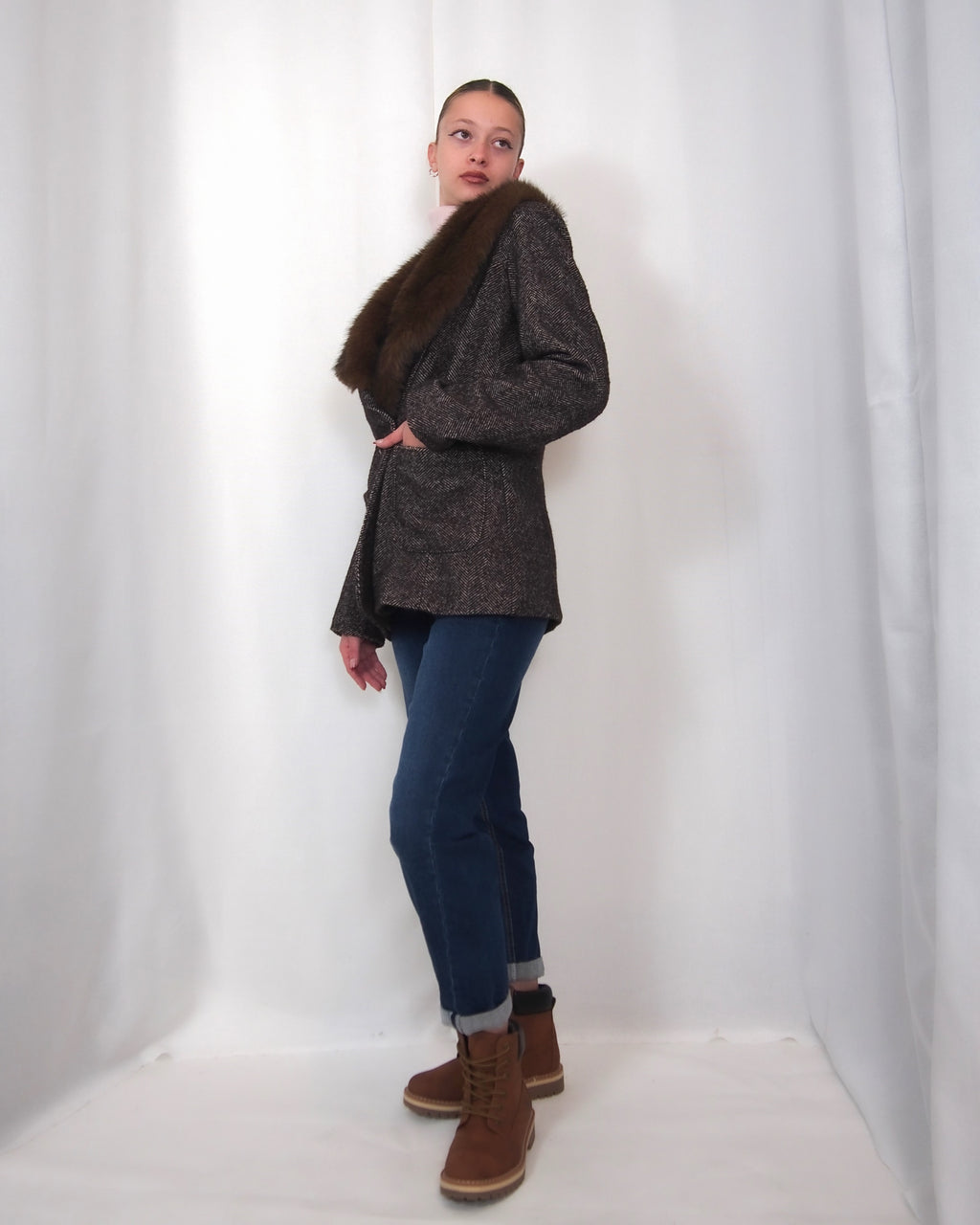 BLAZER TWEED CON COLLO IN PELLICCIA REMOVIBILE "HERITAGE"